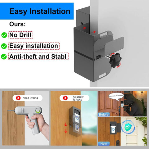 Anti Theft Doorbell Mount, All Metal No Drill Camera Door Mount With USB-C Charging Port For Continuous Power, installation comparison.
