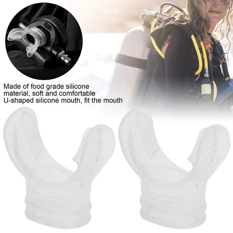 Close-up of Transparent Silicone Regulator Mouthpiece Replacement Kit For Scuba Snorkel Gear 35mm tube, soft silicone, two pieces.