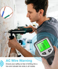 TusaMer Stud Finder Wall Scanner in use, showcasing LCD display, user detecting AC wire while drilling into wall.