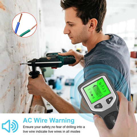 TusaMer Stud Finder Wall Scanner in use, showcasing LCD display, user detecting AC wire while drilling into wall.
