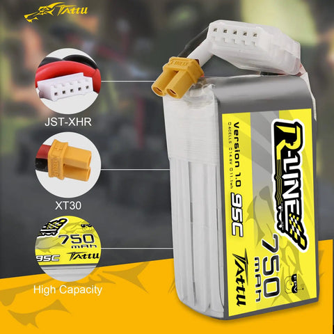 R-Line 750mAh 14.8V 95C 4S1P LiPo Battery Pack With XT30 Plug For RC Hobbyists And Enthusiasts, connectors visible