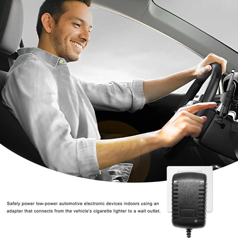Man using AC To DC Converter, 220V To 12V Adapter for car electronics with wall plug indoors.
