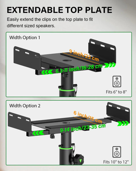 Set Of 2 Dual Side Clamping Studio Monitor Stands For Desktop with extendable top plate, width options 6 to 12 inches