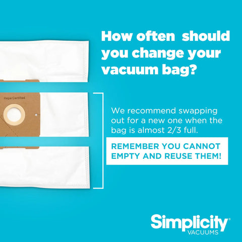 Instructional guide with Six Pack Type Z Vacuum Bags With Certified HEPA Media, showing bag change frequency and usage tips.