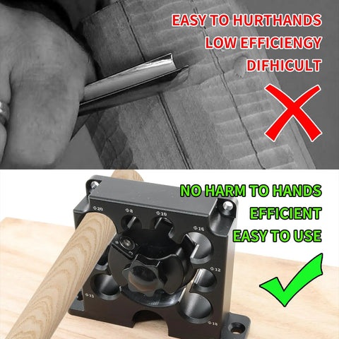 Tool Free Adjustable Wood Dowel Maker Jig Kit With Sharp Carbide Blades For Lightning Fast Tenon Cutting shown in use on a wooden rod.