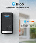 Wireless Doorbell With Pass Through Socket Dope IP66 Waterproof 1300 Ft Range Cordless Chime Unit shown in rain with temperature range.