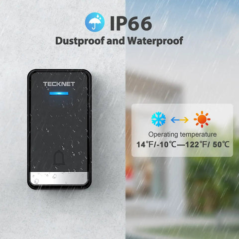 Wireless Doorbell With Pass Through Socket Dope IP66 Waterproof 1300 Ft Range Cordless Chime Unit shown in rain with temperature range.