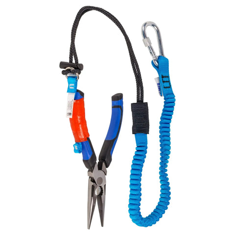 Beefy Safety Lanyard With Single Carabiner And Adjustable Loop End 7 Kg And 15 Lb Strength 52 Inch Length Aluminum Screw Lock Carabiner T2203 5 Pack For Tough Work attached to blue pliers