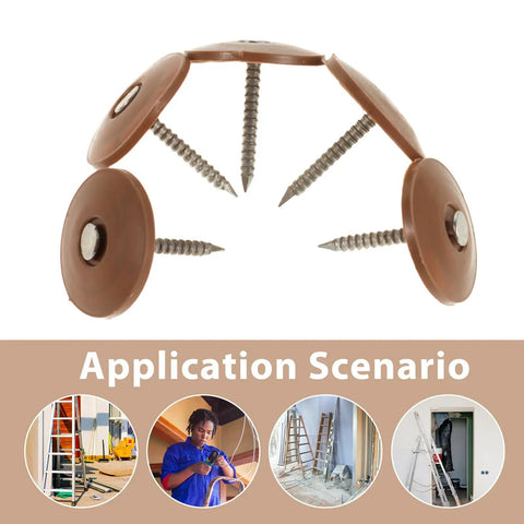 Top Tier Round Cap Roofing Nails With Insulation Washers Brown House Wrap Fasteners For Felt Foam Board And Weather Guard Sheathing 200 Piece Kit displayed with washers and screws.