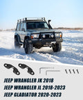 Beefed Up Aluminum Sun Visor Repair Kit for Jeep Wrangler and Gladiator; hardware displayed in snowy landscape with Jeep in background