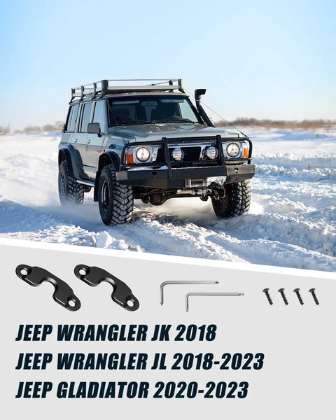 Beefed Up Aluminum Sun Visor Repair Kit for Jeep Wrangler and Gladiator; hardware displayed in snowy landscape with Jeep in background