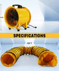 12 Inch High Velocity Blower Fan With 16 Ft Flexible Duct Hose, 2882 CFM Industrial Vent Exhaust, Portable Axial Ventilator