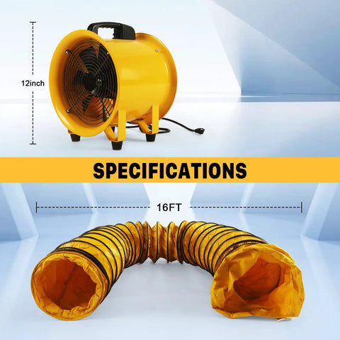 12 Inch High Velocity Blower Fan With 16 Ft Flexible Duct Hose, 2882 CFM Industrial Vent Exhaust, Portable Axial Ventilator