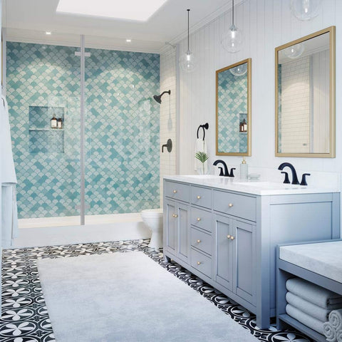 Ladera 8 Inch Widespread Two Handle Bathroom Faucet In Tuscan Bronze installed on modern vanity in elegant bathroom.