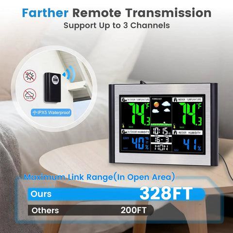 Wireless Indoor Outdoor Weather Station with Color Display, Digital Temperature and Humidity Monitor, Alarm Clock, USB Port, Adjustable Backlight, 6.1 Inch Screen, Easy to Read Interface, Black and Silver.