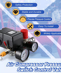 Air Compressor Pressure Switch Kit With Four Port NPT Manifold Regulator And Dual Gauges Automatic On Off Start Stop At 90 To 120 PSI