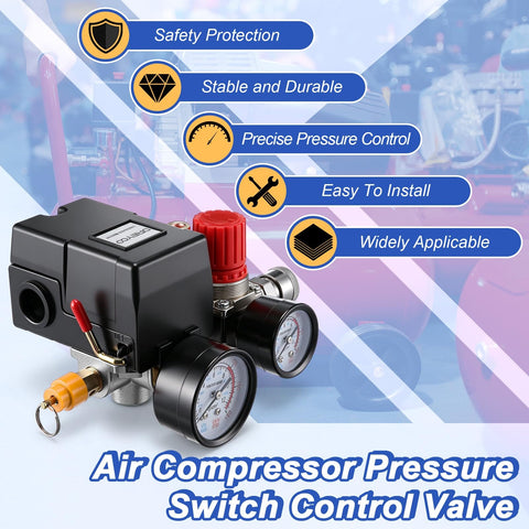 Air Compressor Pressure Switch Kit With Four Port NPT Manifold Regulator And Dual Gauges Automatic On Off Start Stop At 90 To 120 PSI