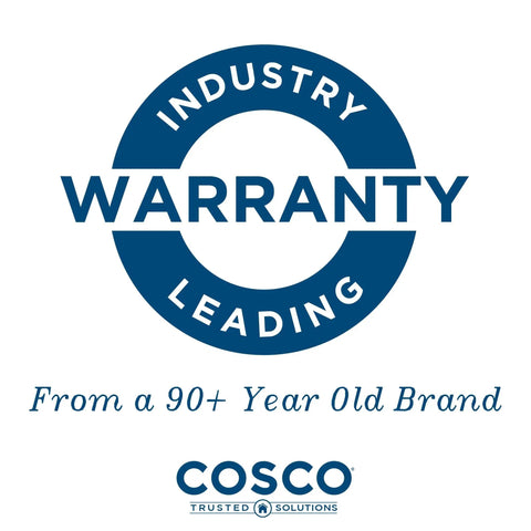 Industry-leading warranty from 90+ year old brand, Cosco Trusted Solutions logo on white background.