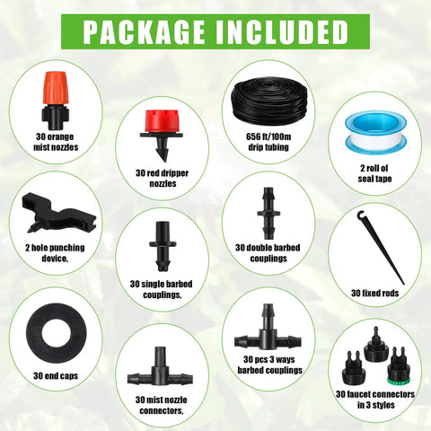 Package included in 656 Ft Drip Irrigation Kit With 1 Quarter Inch Tubing And 274 Accessories DIY Ready For Greenhouse Garden