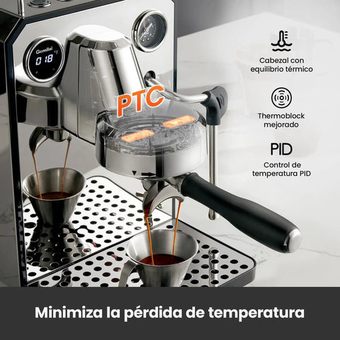 Kickstart Your Day With This Solid Gear Semi Automatic Espresso Maker featuring PID temp control and espresso shots being pulled.