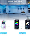 Under Cabinet RGB LED Strip Lights With Dimmable White And Color Voice Control With Alexa And Google Home Smart App Remote Plug In Kitchen Lighting Kit Lit Color Changing Mood Lighting 6 Piece Set remote and app control shown in kitchen setting