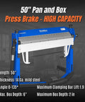 50 Inch Foot Clamp Pan And Box Brake, blue and gray, for light-duty sheet metal folding, pro-grade performance, hands-free foot pedal
