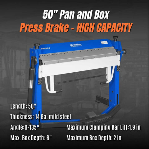 50 Inch Foot Clamp Pan And Box Brake, blue and gray, for light-duty sheet metal folding, pro-grade performance, hands-free foot pedal