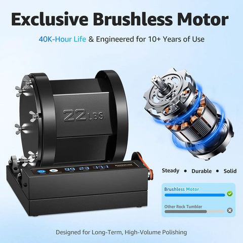 Extra Large 22lb Capacity Rock Tumbler with Brushless Motor and Metal Base for heavy-duty stone polishing