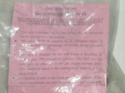 Instruction label for Deluxe K Valve For Scuba Cylinders Built Tough With Heavy Duty Chromed Brass Body And Teflon Coated Brass Seat