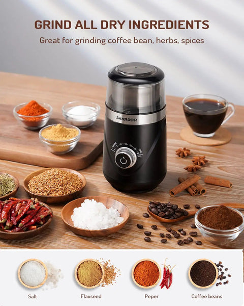 Electric Super Silent Blade Coffee Grinder With Timed Grind Control Rotary Knob with spices and beans