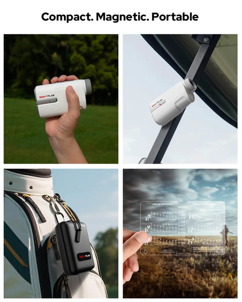 Rangefinder With Slope For Golf, 1300 Yard Yardage, 7.5x Magnification, Magnetic Mount shown in various uses outdoors