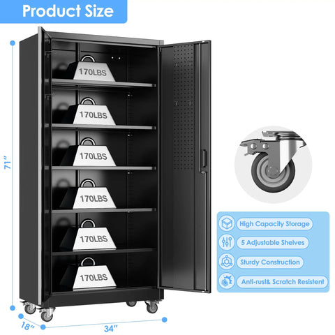 Beefy Metal Storage Cabinet With Wheels And Pegboard 71 Inch Tall Garage Organizer With 5 Adjustable Shelves And Locking Doors Heavy Duty Steel Utility Cabinet For Home Workshop Or Office displayed open with weight capacity