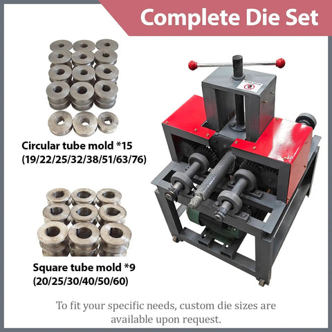 3HP Electric Pipe Tube Bender With 15 Round And 9 Square Dies For Stainless Steel, showing circular and square die molds.