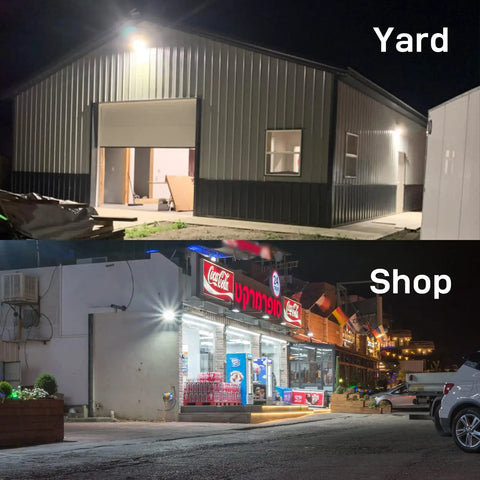Beast 100W LED Flood Light With Knuckle Mount 11000 Lumens 5000K Outdoor Lighting illuminating yard and shop at night.
