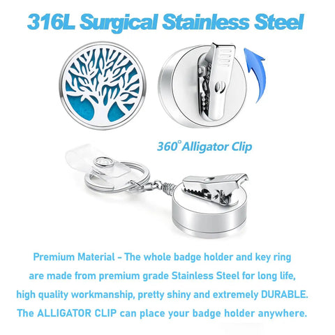 Heavy Duty Retractable Badge Reel With Sturdy Alligator Clip And Built In Aromatherapy Patch, 316L stainless steel design.