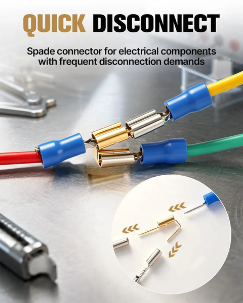 50 Piece Heavy Duty Piggyback Spade Connectors Bulk Kit For Auto Wiring And Home Repair Top Shelf double spade connectors for quick disconnect.