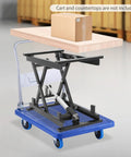 Heavy Duty Electric Lift Table With 250 Lb Capacity Single Scissor Design Foldable Hydraulic Platform Includes Remote Control For Easy Material Transport And Adjustable Height Between Small And Big Jobs with box on top.