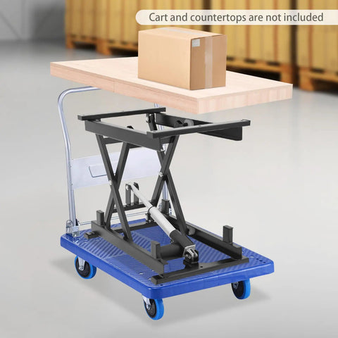 Heavy Duty Electric Lift Table With 250 Lb Capacity Single Scissor Design Foldable Hydraulic Platform Includes Remote Control For Easy Material Transport And Adjustable Height Between Small And Big Jobs with box on top.