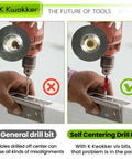 K Kwokker self-centering drill bit set: two-panel comparison, left off-center hole, right centered hole in hinge plate