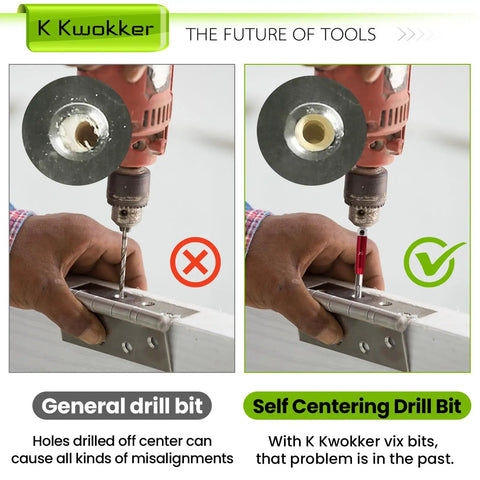 Comparison of drill bits: general drill bit misalignment vs. Heavy Duty Self Centering Hinge Drill Bit Set With A Quarter Inch Hex Shank.