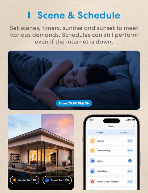3 Way Smart Dimmer Switch Kit schedule setup with app interface and bedroom scene for hands-free remote voice control over WiFi.