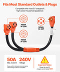 Nema 14-50 Y Splitter Adapter Cord with dual outlets, 50 Amp capacity, compatible with most EV chargers and household appliances.