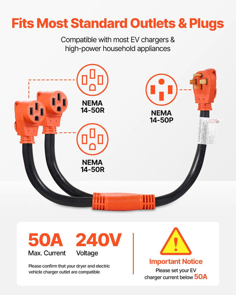 Nema 14-50 Y Splitter Adapter Cord with dual outlets, 50 Amp capacity, compatible with most EV chargers and household appliances.