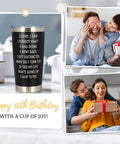 Funny 50th Birthday Tumbler 20 Oz Stainless Steel Insulated Cup For Men And Women Rocking The Big Fifty with humorous text.