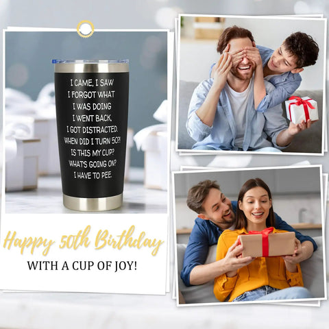 Funny 50th Birthday Tumbler 20 Oz Stainless Steel Insulated Cup For Men And Women Rocking The Big Fifty with humorous text.