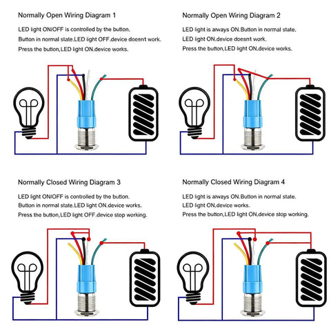 Wiring diagrams for Two Pack 16mm Stainless Steel Latching Push Button Switch Waterproof IP65 12V 24V 5A SPDT On Off 1NO1NC With Blue LED