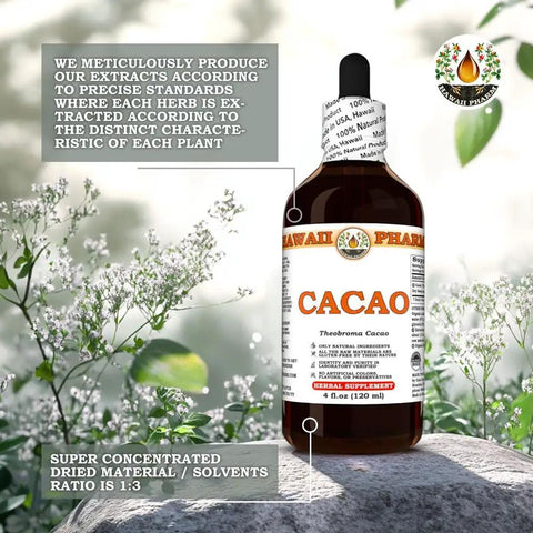 Bottle of Hawaiian Raw Cacao Bean Tincture Liquid Extract Made In Hawaii All Natural Vegan Antioxidant Rich Superfood Pure Theobroma Cacao.