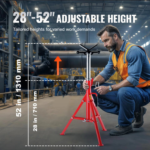 Front view of VEVOR V-Head pipe stand; red carbon-steel frame, adjustable 28–52 in height, 2500 lb capacity
