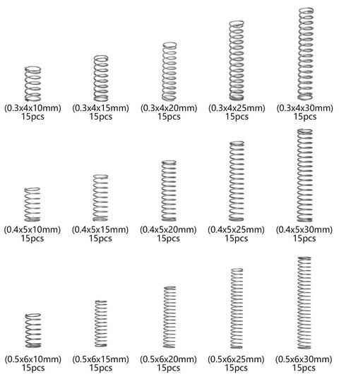 Compression Springs Assortment Kit With 225 Mini Stainless Steel Springs In 15 Sizes For Repairs displayed in different dimensions.