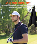 Golfer holding club with Magnetic Golf Towel 23.6x15.7 Inches Large Dual-Sided Microfiber And Scrub Towel With Waffle Weave attached.